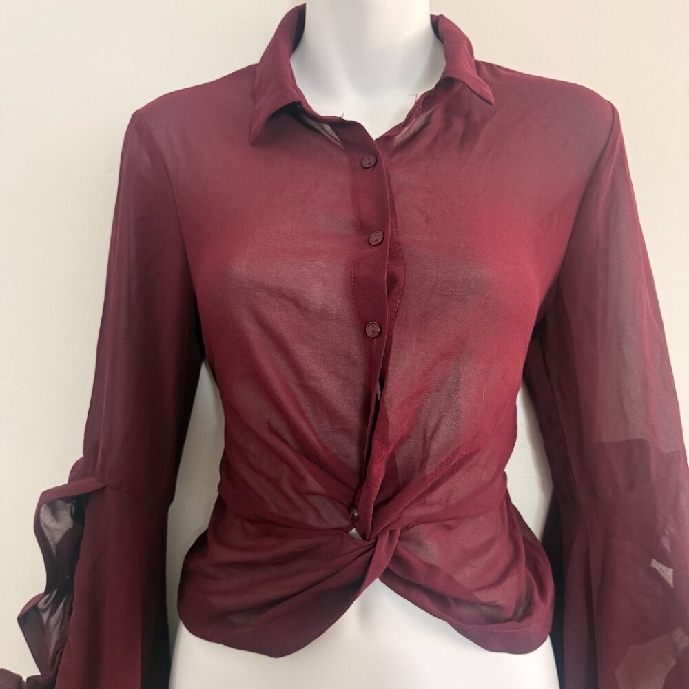 Fashion Nova Burgundy Sheer Twist-Front Blouse | Long Sleeve | Size S - Picture 4 of 12